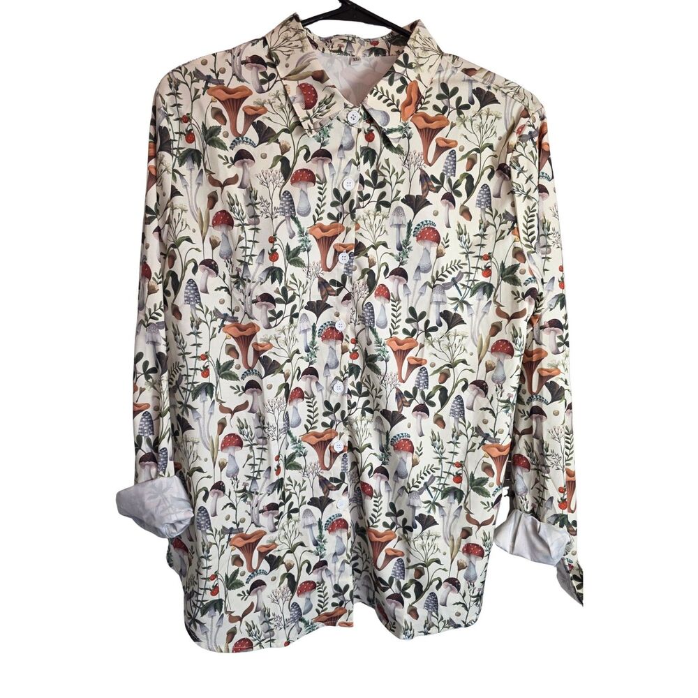 Boutique Botanical Mushroom Print Button Up Shirt Cottagecore Fungi Faux Silk XL